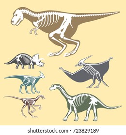 Dinosaurs skeletons silhouettes set fossil bone tyrannosaurus prehistoric animal dino bone vector flat illustration.