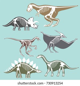 Dinosaurs skeletons silhouettes set fossil bone tyrannosaurus prehistoric animal dino bone vector flat illustration.