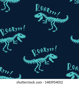 Dinosaurs skeletons tyrannosaur fossils seamless pattern. Original print for T-shirts, textiles, web. Blue silhouette on dark background. Vector illustration