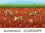 Dinosaurs Skeletons Underground Cross Section View. Buried Fossils, Snails Shells, Paleontology Finds. Bones Of Prehistoric Reptiles And Ammonites On Soil Layer Background. Cartoon Vector Illustration