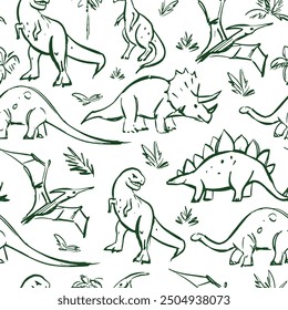 Dinosaurs, sketch, seamless pattern, monochrome sketch, hand drawn vector