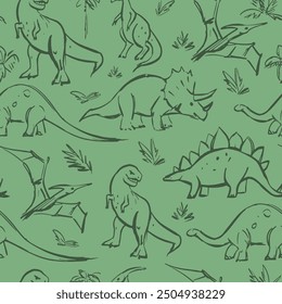 Dinosaurs, sketch, seamless pattern, monochrome sketch, hand drawn vector