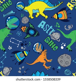 Dinosaurs in space hand drawn color vector seamless pattern.  Sketch  Jurassic reptiles. print for textiles, clothes, t-shirts, wrapping paper and more