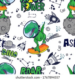 Dinosaurs in space hand drawn color vector seamless pattern.  Sketch  Jurassic reptiles. print for textiles, clothes, t-shirts, wrapping paper and more