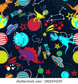 Dinosaurs in space hand drawn color vector seamless pattern.  Sketch  Jurassic reptiles. print for textiles, clothes, t-shirts, wrapping paper and more