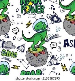 Dinosaurs in space hand drawn color vector seamless pattern.  Sketch  Jurassic reptiles. print for textiles, clothes, t-shirts, wrapping paper and more