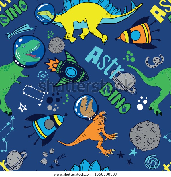 Dinosaurs In Space Hand Drawn Color Vector Seamless Pattern. Sketch ...