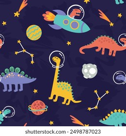 Dinosaurios en el espacio sin patrón. Dibujos animados coloridos lindos, dinosaurios alrededor de cepillos y estrellas en estilo plano.