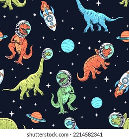 Dinosaurs in space seamless pattern. Hand-drawn vector dinosaur cartoons in space background. 