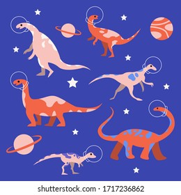 Dinosaurs in space set vector illustration for kids in flat style 