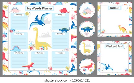 Dinosaurs stationery weekly planner and daily organizer for kids, Monday to Sunday schedule. Cute vector elements and funny stickers. Plus Noted and Weekend Fun pages. Colorful illustration. EPS8.