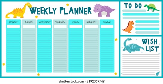 Dinosaurs stationery weekly planner and daily organizer for kids, Monday to Sunday schedule. Cute vector elements and funny stickers. Plus Noted and Weekend Fun pages. Colorful illustration. Three