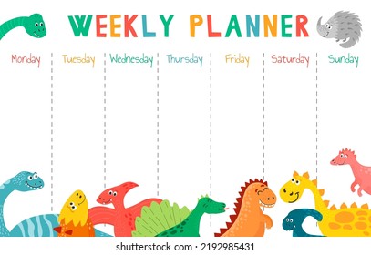 Dinosaurs Stationery Weekly Planner And Daily Organizer For Kids, Monday To Sunday Schedule. Cute Vector Elements And Funny Stickers. Plus Noted And Weekend Fun Pages. Colorful Illustration