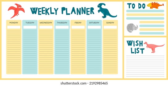 Dinosaurs stationery weekly planner and daily organizer for kids, Monday to Sunday schedule. Cute vector elements and funny stickers. Plus Noted and Weekend Fun pages. Colorful illustration. Different