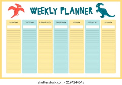 Dinosaurs stationery weekly planner and daily organizer for kids, Monday to Sunday schedule. Cute vector elements and funny stickers. Plus Noted and Weekend Fun pages. Colorful illustration