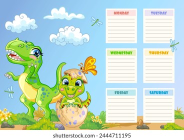 Dinosaurs stationery weekly planner and daily organizer for kids, Monday to Sunday schedule. Cute vector Tyrannosaurus rex and baby. Colorful illustration. Time table organizer frame. Editable element