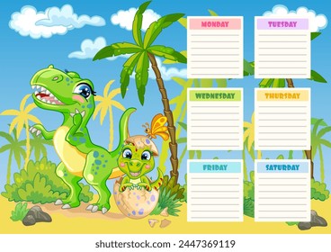 Dinosaurs stationery weekly planner and daily organizer for kids, Monday to Sunday schedule. Cute vector Tyrannosaurus rex and baby. Colorful illustration. Time table organizer frame. Editable element