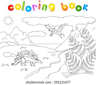 Dinosaurs stegosaurus  and pterodactyl on a background of  prehistoric nature: mountains, sea and ferns. Volcano spews lava. Coloring book. Vector educational illustration for children