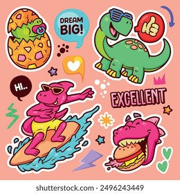 Dinosaurs Sticker Balloon Hand Drawn Doodle Element Vector Collection