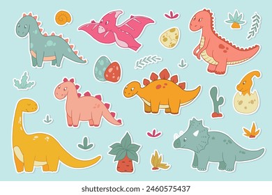 Dinosaurs stickers, clip art, cartoon elements for nursery decor, apparel prints, stationary, cards, posters, baby shower invitations, etc. EPS 10