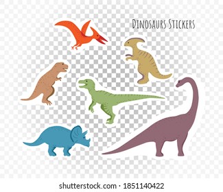 Dinosaurs stickers set. Types of dinosaurs isolated on transparent background. Velociraptor, Parasaurolophus, Triceratops, Pteranodon, Tyrannosaurus, Brachiosaurus. Text Dinosaurs Stickers.