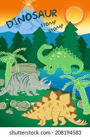 Dinosaurs stomp stomp next to a volcano .