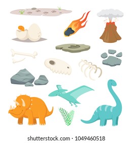 Dinosaurs, Stones And Other Different Symbols Of Prehistoric Period. Dinosaur And Meteorite Stone, Prehistoric Animall. Vector Illustration