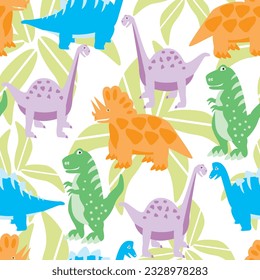 Dinosaurs in summer colors. Orange, green, blue, and purple.
T-Rex, Triceratops, Brachiosaurus, Stegosaurus.
Young kids cartoon vector illustration. Seamless pattern.