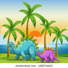 Dinosaurs at sunset at the beach illustration