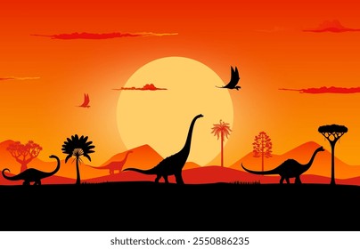 Dinossauros e silhueta do pôr do sol com paisagem da era Jurássica e lagartos pré-históricos, fundo vetorial. Desenhos animados dinossauro pré-histórico titanosauria, pelorosaurus, datousaurus e dimorphodon silhuetas