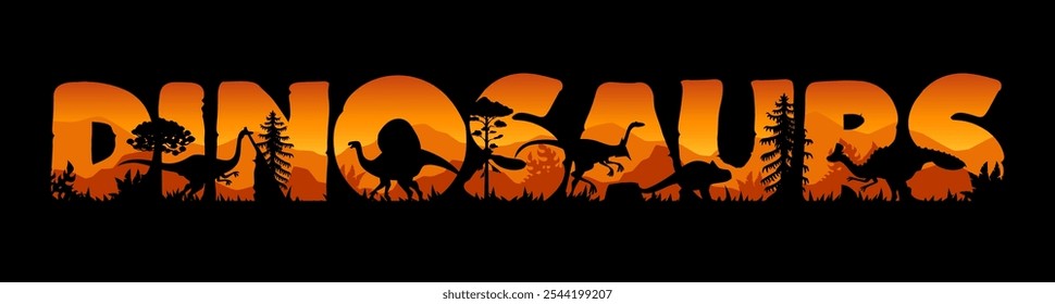 Dinosaurier Sonnenuntergang Silhouetten in ausgeschnittenen Buchstaben mit Jurassic Ära Wald, Vektorhintergrund. Prähistorischer Dino Park oder Paläontologie Museum Banner mit Riesenechsen und Dinosaurier Silhouetten im Wald