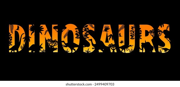 Dinosaurs sunset silhouettes double exposure. Vector prehistoric dino animals and jurassic nature silhouettes. Mammoth, dimorphodon and eoraptor, centrosaurus and chasmosaurus dinosaurs at sunset