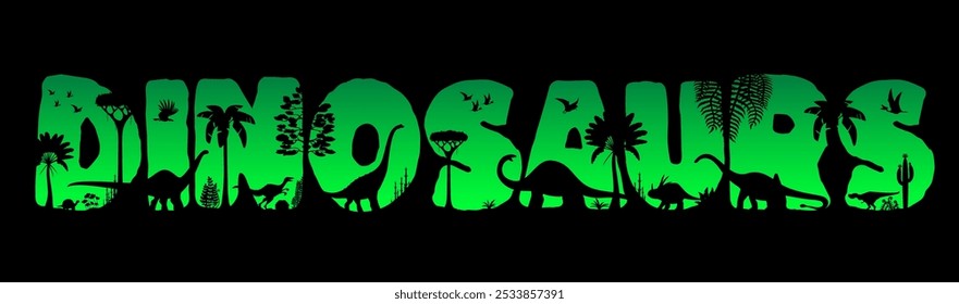 Siluetas de la puesta del sol de los dinosaurios en bosque de la selva. Tipografía de Vector prehistórico que presenta la palabra dinosaurios con cada letra llena de sombras de especies de dinosaurios y plantas jurásicas en color verde vivo