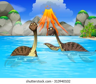 Dinosaurs swimming in the lake illustration