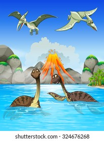 Dinosaurs swimming in the lake illustration