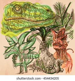 DINOSAURS T Rex and Velociraptor in bush. Life in the prehistoric time. Freehand sketching, line art. Hand drawn vector illustration. Colored background is isolated. Colored line art. Editable vector.