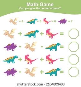 Dinosaurs theme Math Game for Preschool. Dinosaurs math worksheet. Educational printable math worksheet. Additional and subtraction math for kids. Vector file.