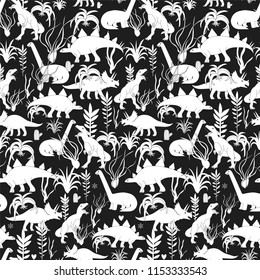 Dinosaurs and tillandsias seamless pattern for your design project, wallpaper, textile fabric or wrapping paper.  Funny dino and air plants harrissi