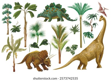 Dinosaurs and trees isolated. Vector