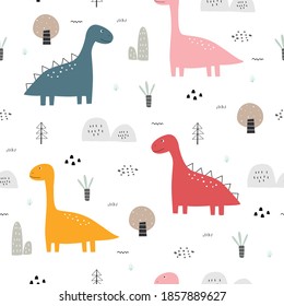 Dinosaurs and trees Seamless pattern cute cartoon animal background hand drawn in kid style The design used for Print, wallpaper, fabric, textile Vector illustration