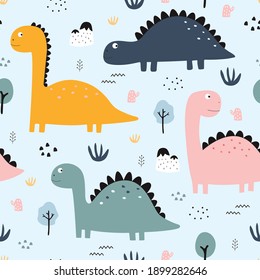 Dinosaurs and trees Seamless pattern cute cartoon animal background hand drawn in kid style The design used for Print, wallpaper, decoration, fabric, textile Vector illustration