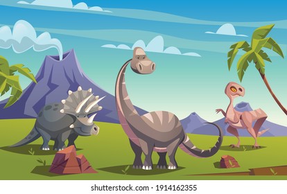 Dinosaurs And Triassic Landscape Vector Illustration