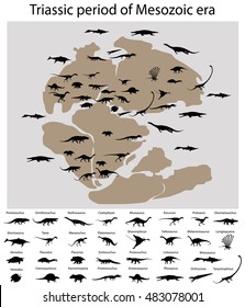 Dinosaurs of triassic period of mesozoic era on the map