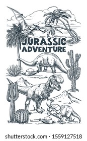 Dinosaurs and tropical landscape. Vector hand drawn sketch illustration. Fashion textile graphic t-shirt print or banner, poster design.