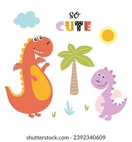 dinosaurs and tropical plants, funny cartoon palm tree, cluods and animals, cute funny dragons collection, vector illustrationset for kids design