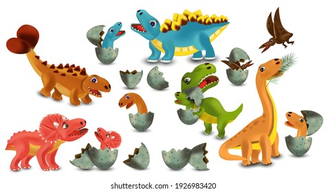 Dinosaurs Tyrannosaurus, Brachiosaurus, Pterodactyl, Triceratops, Stegosaurus cartoon character. Dinosaurs hatching from an egg. 3D vector illustration