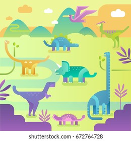Dinosaurs. Vector cartoon illustration. Flat design. Triassic period