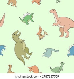 Dinosaurs - Vector color background (seamless pattern) of triceratops, stegosaurus, tyrannosaurus and other animals of the Jurassic period for graphic design
