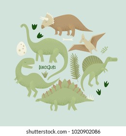 Dinosaurs vector design, tyrannosaurus rex, triceratops and diplodocus