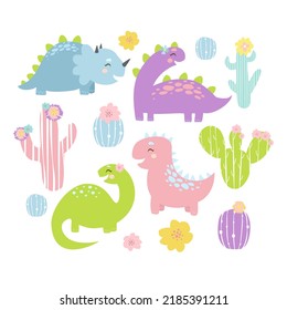 Dinosaurs. Vector dinosaur clipart set. Cute dino doodles. Cacti clipart